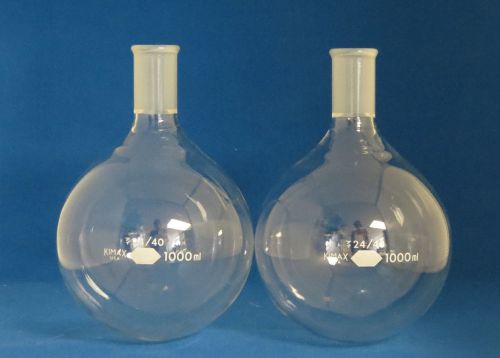 2 New Kimax Round Bottom Flasks 1000mL  24/40  # 25285