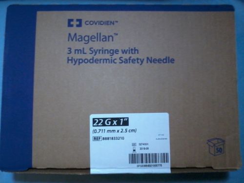 Covidien magellan 3ml syringe with hypodermic saftey needle (22g x 1&#034;) box/50ct. for sale