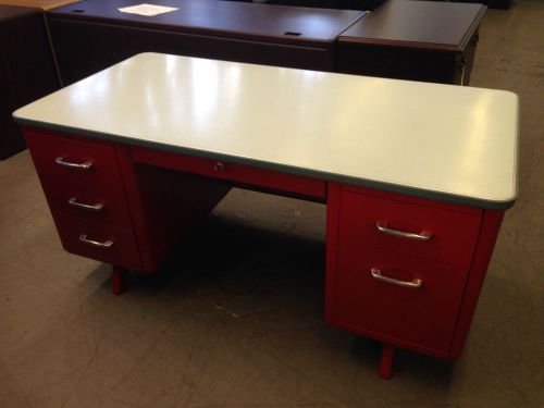 Old/vintage style tank desk in red color w/ light green color laminate top for sale
