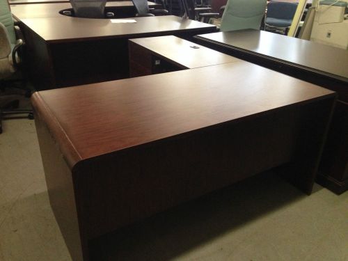 L-shape desk in mahogany color laminate w/ left hand return for sale