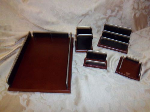 Five Piece Black &amp; Cherry Wood Desk Accessories Set Office Supplies Nice Set