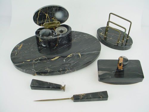 Vintage Black Marble 5 pieces Desk Set w/Gold Accents - Nice