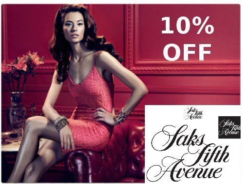 One (1) Saks Fifth Avenue 10% Off Coupon Promo Code for clothes, handbags, purse