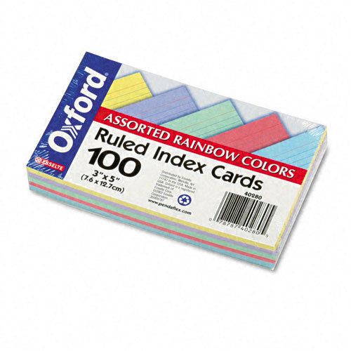 Oxford ruled index cards, 3 x 5, blue/violet/canary/green/cherry, 100/pack for sale