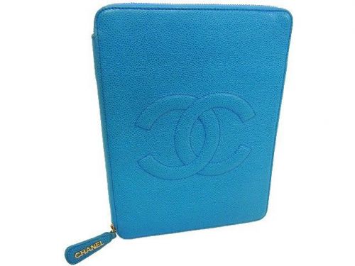 Authentic CHANEL CaviarSkin Note Pad Blue i Pad Case Carrying Case CC 3630
