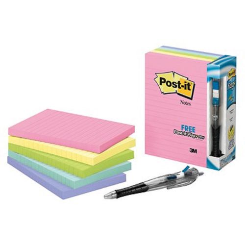 Post-It Notes, 4&#034; x 6&#034;, 100 Sheets per Pad, 5-Pk with Bonus Post-It Flags Pen
