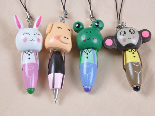 St cute wooden animal cartoon ballpoint ballpen keychain mobile chain decor gift for sale