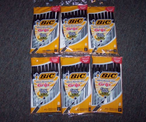 6 new pkgs bic ultra round stic grip easy glide pens - black ink - 48 pens for sale