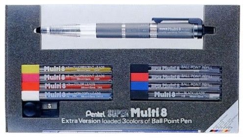 Pentel super multi 8 colored pencil set  case&amp;sharpener design editing fluoresce for sale
