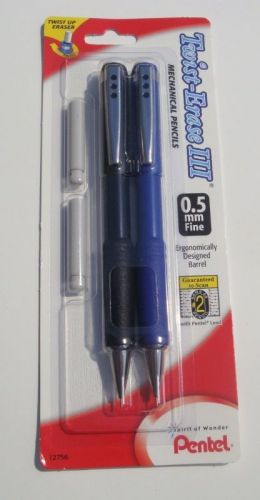 2 * PENTEL Twist Erase III Automatic Pencils 0.5mm  1 black 1 blue Barrel