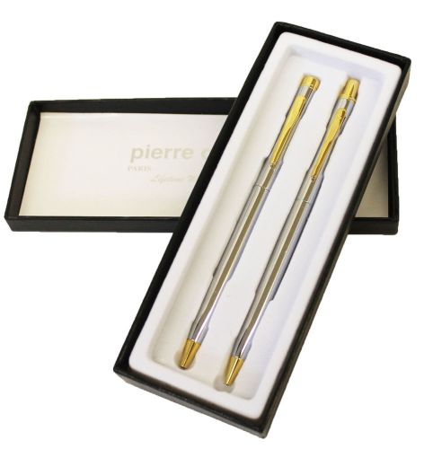 Boxed Deluxe Pierre Cardin Silver &amp; Gold Mechanical Pencil Refillable Pen Set