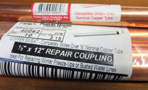 1/2&#034; X 12 COPPER REPAIR SWEAT COUPLING TUBING PRAIRIE HOME MADE IN USA 40062