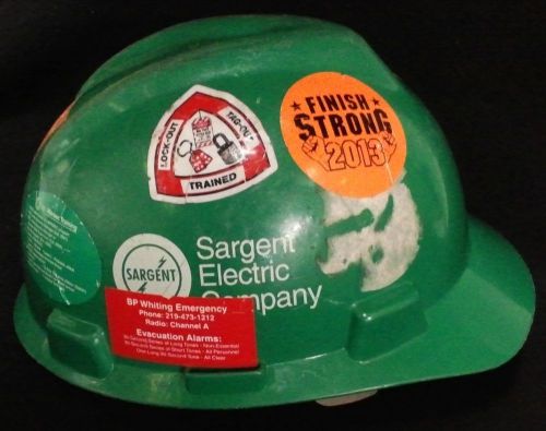 Used green msa industrial safety hard hat cap sz m med fastrac ii union stickers for sale