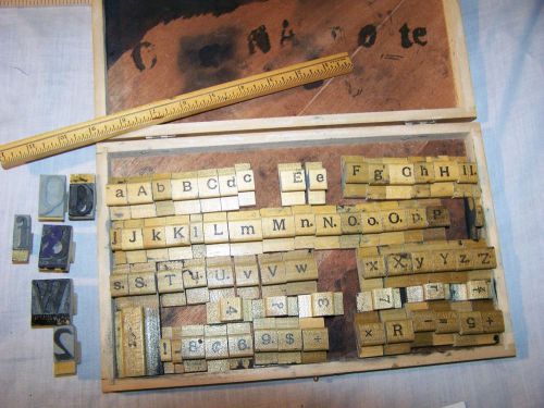 Vintage Printing Block Set Wooden handled 74 pieces Rubber plus wood box w/ruler
