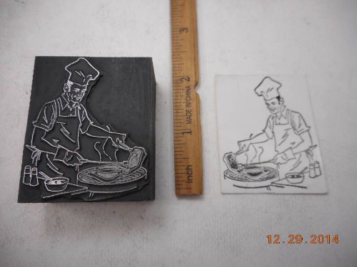 Letterpress Printing Printers Block, Chef Cooking Steaks on Charcoal Grill