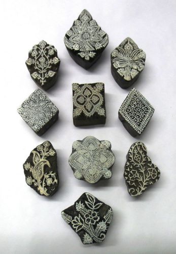 LOT OF 10 WOODEN HAND CARVED TEXTILE PRINTING FABRIC BLOCK STAMP FINE PATTERNS