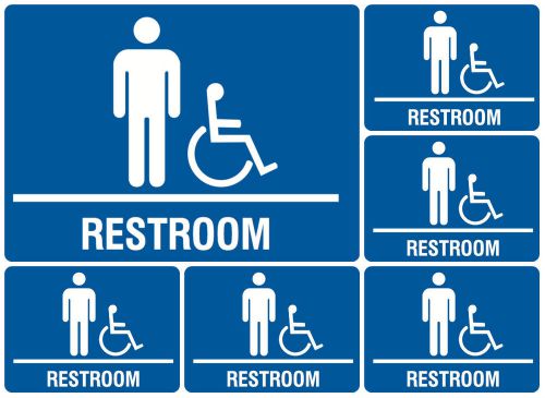 Six pack men restroom signs + wheelchair accessible access / blue plastic sign for sale