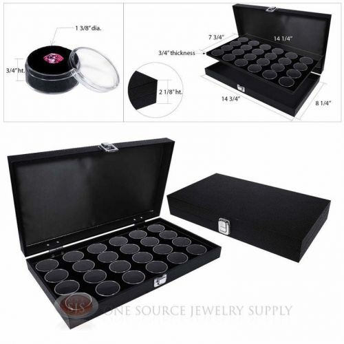 (2) black wooden solid top display cases w/ 2 black 24 gem jar gemstone inserts for sale