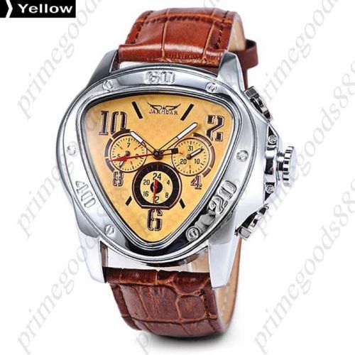 Triangle 6 Hands Brown PU Leather Strap Mechanical Wrist Men&#039;s Wristwatch Yellow
