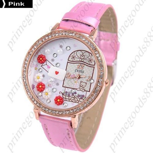 3d flower heart mail pu leather lady ladies quartz wristwatch women&#039;s pink for sale