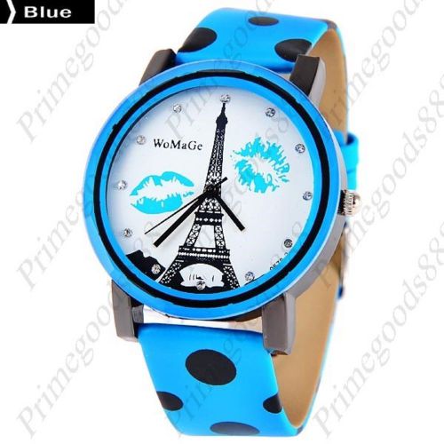 Kiss Eiffel Tower Round Wrist Quartz PU Leather Wristwatch Women&#039;s Paris Blue