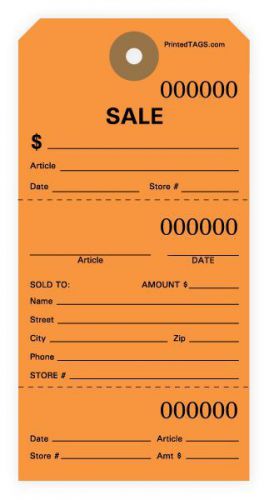 1000, orange numbered sales tags, tear-off repair tag, perforated stub claim tag for sale