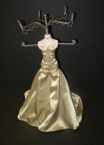 16&#034; Champagne Satin Evening Gown Jewelry Organizer/Diplay, Faux Pearl Buttons