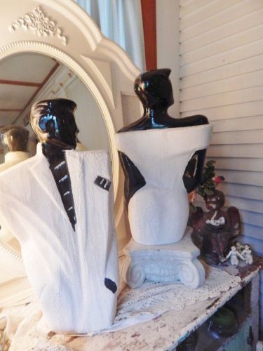 Gorgeous Pair Art Deco Glass Plaster Man Woman Black White Mannequin Statue 24&#034;