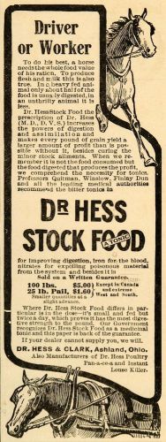 1907 ad dr hess &amp; clark ashland ohio stock food tonic - original advertising cg1 for sale