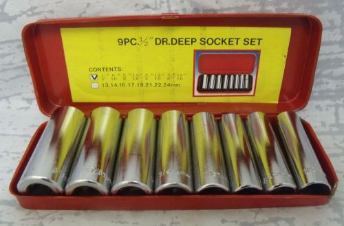 9 piece 1/2&#034; dr. deep socket tool set in red metal storage box {i1} ag for sale