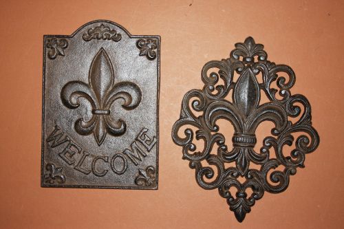 (2),FLEUR DE LIS, CAST IRON WALL PLAQUES, WELCOME SIGN,HOUSE WARMING GIFT,FRENCH