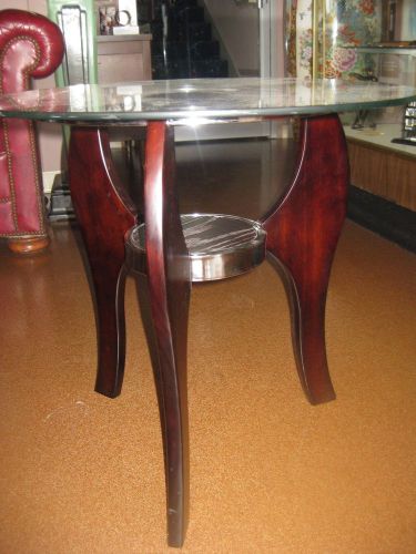 Cherry Wood Round End Table with Glass Top