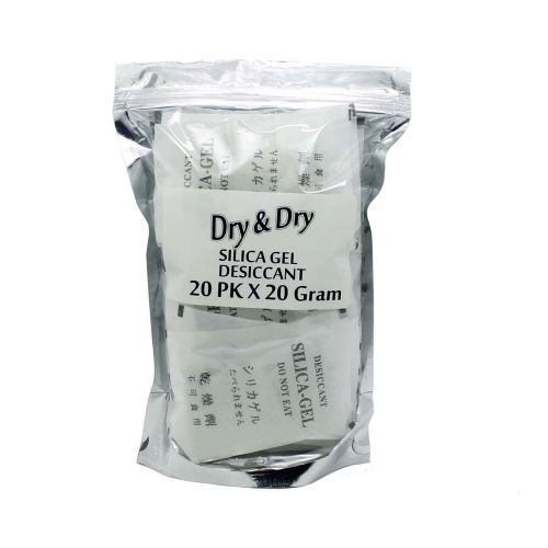 20 gram x 20 pk &#034;dry &amp; dry&#034; silica gel desiccant - reusable dry box safe for sale