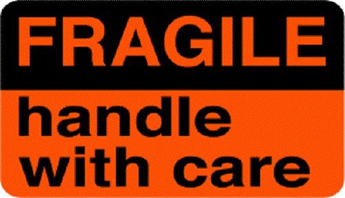 3x5 diecut &#034;fragile - handle with care&#034; black/fl red (orange) roll 500 labels for sale