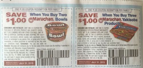 (20) EACH  MARUCHAN COUPONS SAVE $1/3 , $1/2 x7/31/15