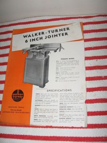 Walker-Turner 6 Inch Jointer 1 Page Specification Sheet Plainfield, NJ USA