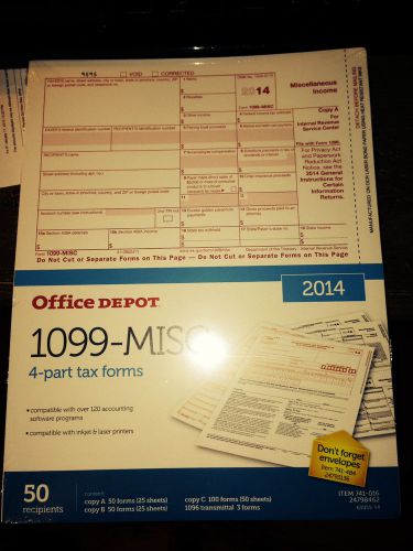 2014 1099-MISC 4 Part Tax Forms 1096 Envelopes Laser/Inkjet Software Compatible