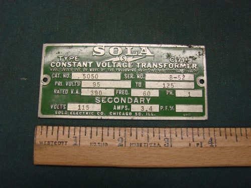 Vintage Sola Constant Voltage Transformer Chicago IL Advertising Tag Sign Plaque