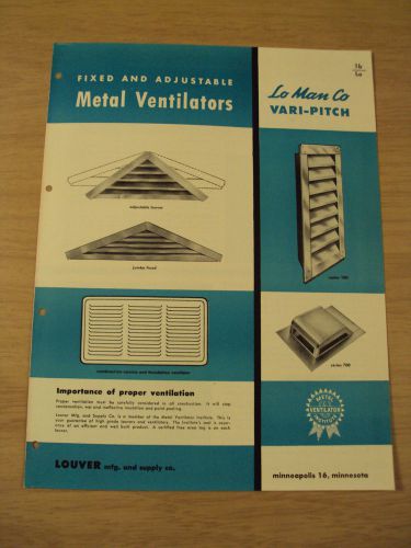 VTG 1950&#039;s Home BUILDING Supply BROCHURE~Metal VENTILATORS Lo Man Co~Ephemera~