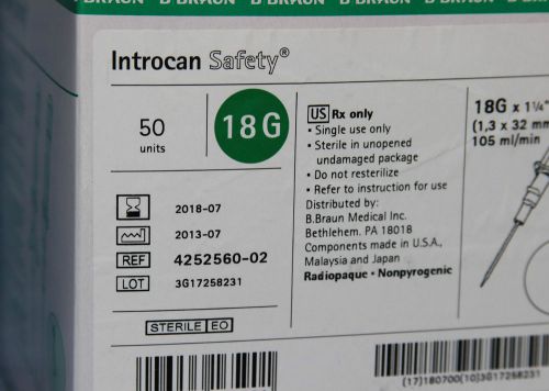 Braun introcan safety iv cath 18g ref 4252560-02 50units for sale