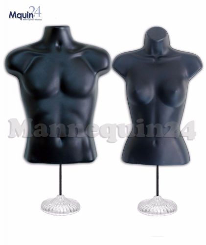 2 TORSO MANNEQUIN BODY FORMS -BLACK MALE &amp; FEMALE w/STANDS+Hook for Pant Display