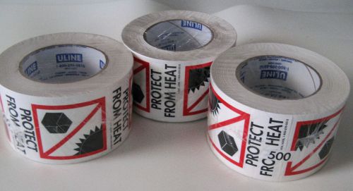 LOT OF 3 ROLLS ULINE PROTECT FROM HEAT EACH ROLL = 500 LABEL 3&#034; X 4&#034; SAFETY TAPE