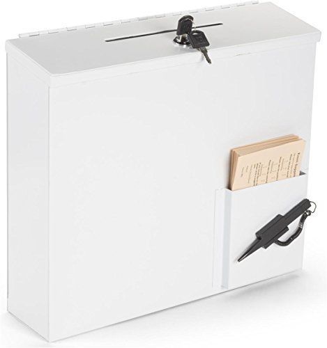 Displays2go Locking Metal Suggestion Donation Box, Wall or Counter Mount, White