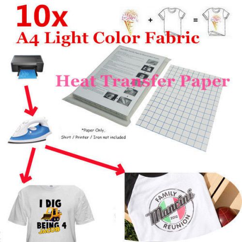 10 Sheets New DIY T-Shirt Inkjet Iron-On Heat Transfer Paper For Light Fabric A4