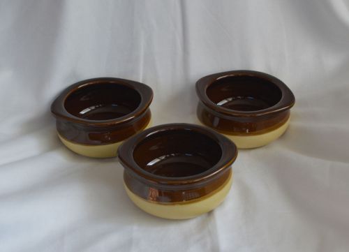 Set of 3 Tuxton Onion Soup Crocks - Two-Tone Brown Glaze Pottery