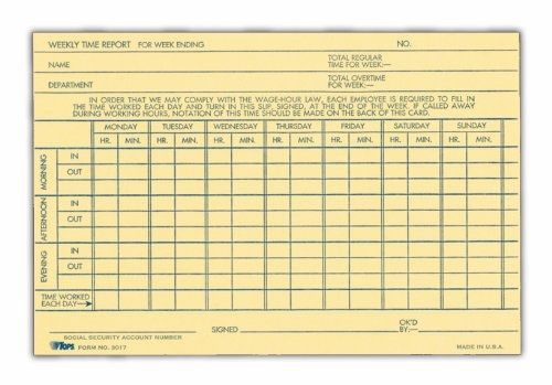 TOPS Weekly Time Report Card, 6 x 4 Inch, Index Bristol Stock, 100-Count, Buff