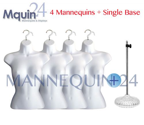 4 WOMAN TORSO MANNEQUINS +1 STAND +4 HANGERS: WHITE FEMALE BODY FORM DISPLAY