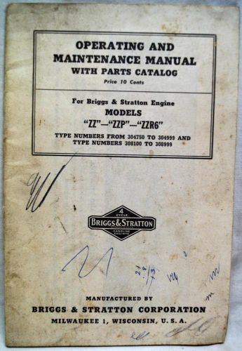 BRIGGS &amp; STRATON ENGINES OPERATIONS MANUAL &amp; PARTS CATALOG 1958 VINTAGE