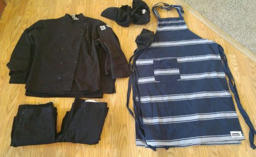 Black blue chef chefwear jacket coat apron hat pants  lot uniform sets medium
