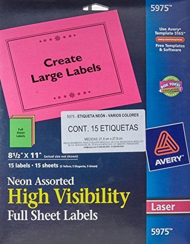 Avery Neon Laser Labels, Rectangle, Assorted Fluorescent Colors, 8-1/2&#034; x 11&#034;,
